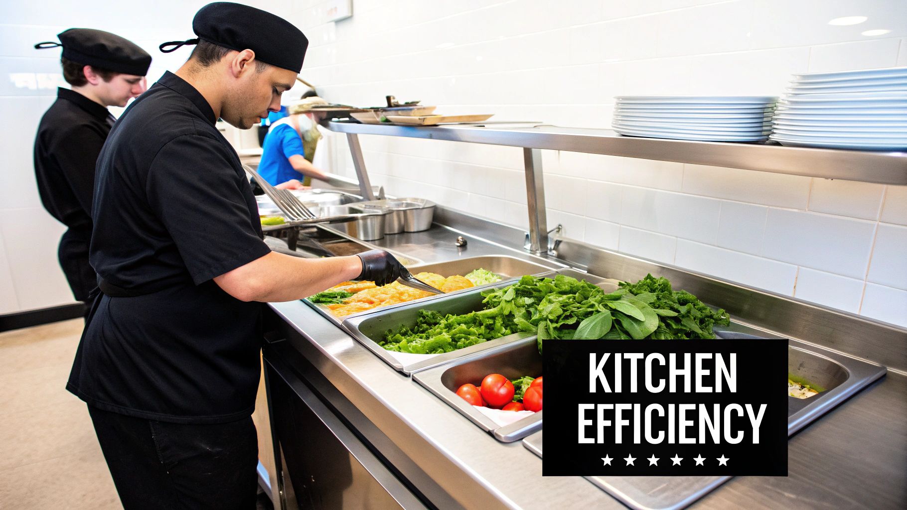 Chefs serve fresh food in a commercial kitchen, highlighting 'Kitchen Efficiency' and fresh produce.