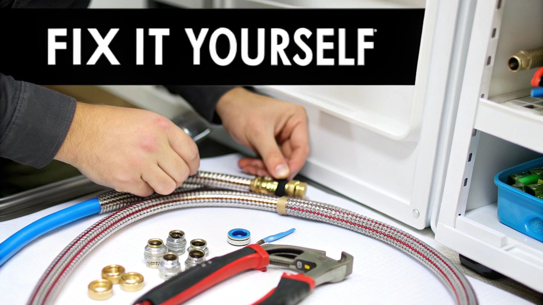 A person's hands repairing an ice maker water line with tools nearby