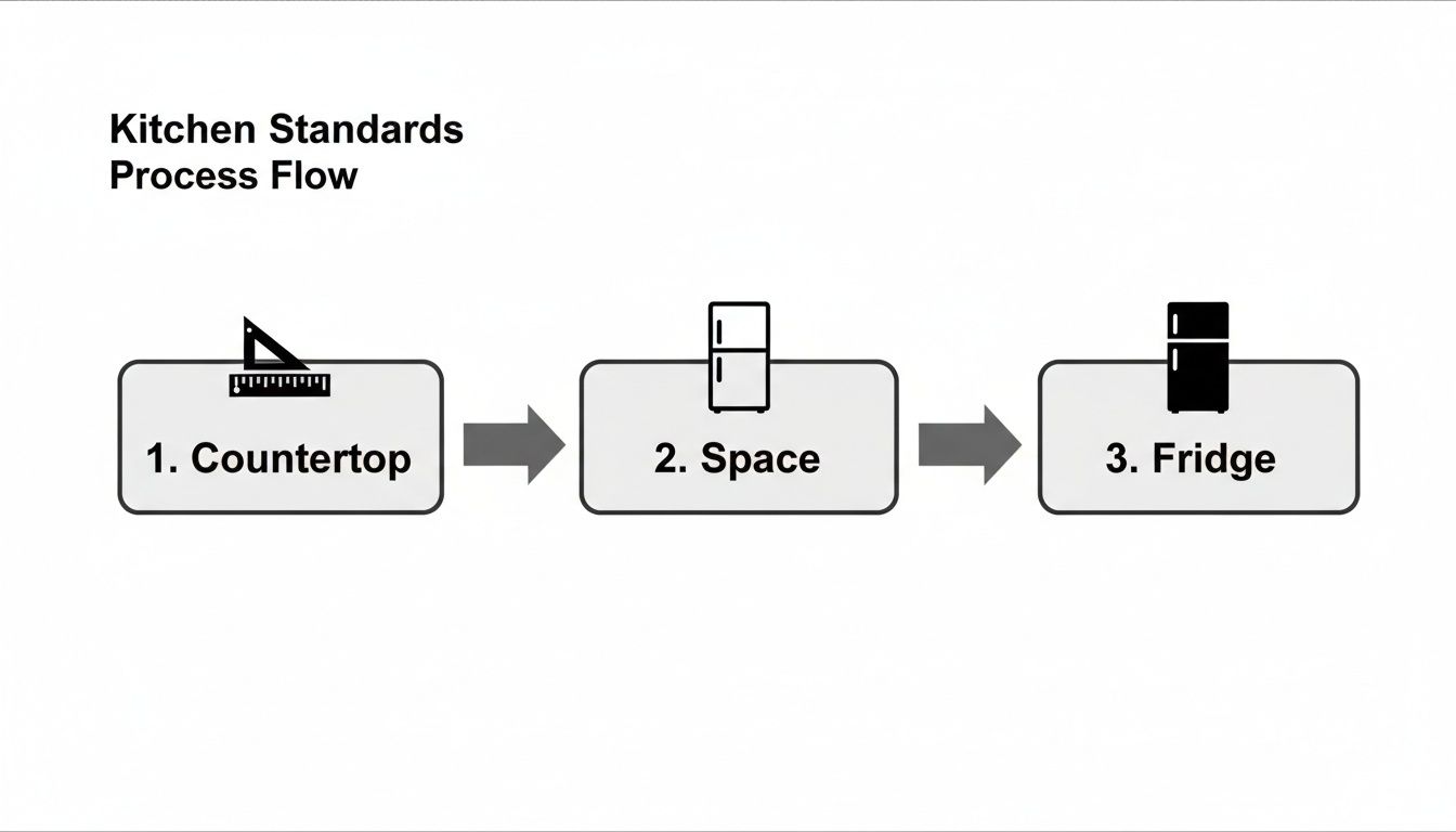 A process flow diagram showing Kitchen Standards: 1. Countertop, 2. Space, and 3. Fridge, with arrows indicating sequence.