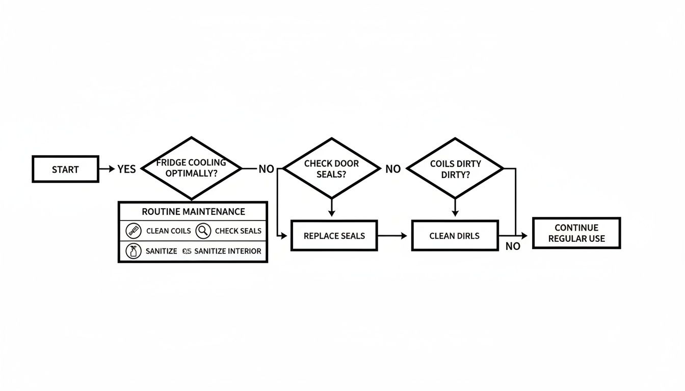 Flowchart detailing routine commercial fridge maintenance steps, including checking cooling, seals, cleaning, and sanitizing.