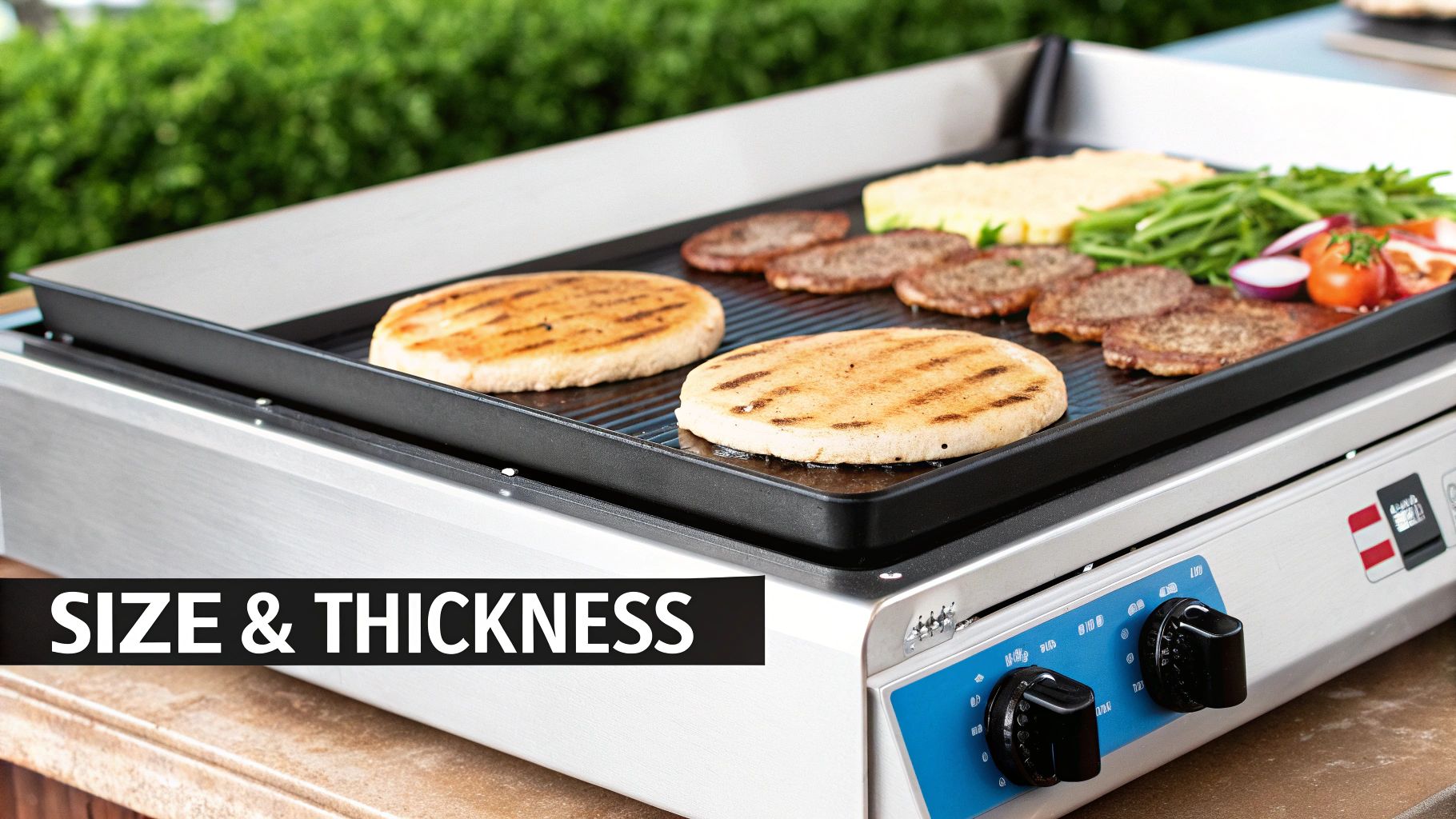Commercial electric griddle cooking burgers and flatbreads on large flat cooking surface outdoors