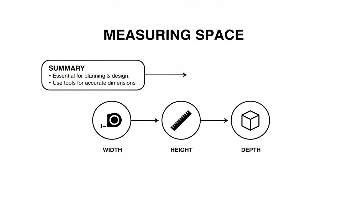 Diagram illustrating how to measure space, showing tools for width, height, and depth dimensions.