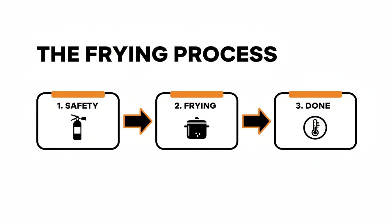 A three-step flowchart outlining the frying process: safety, frying, and completion, with icons.