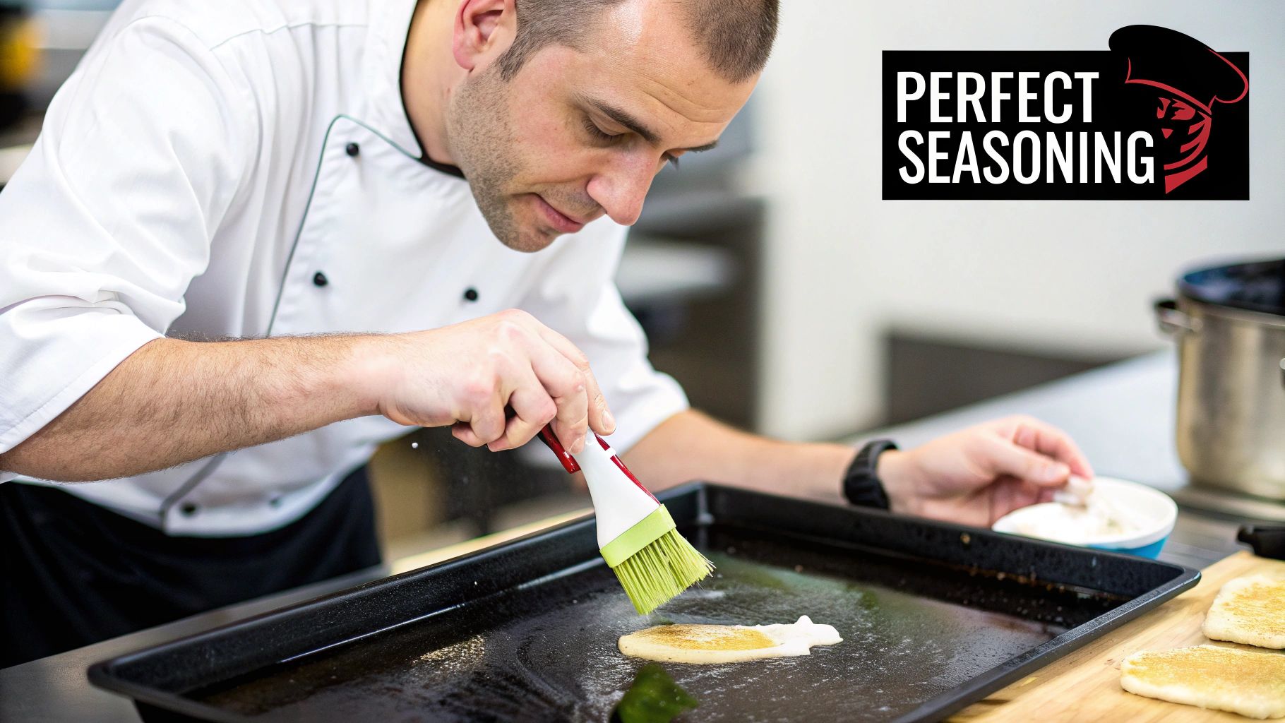 A close-up shot of a perfectly seasoned, dark, and glossy commercial griddle surface.