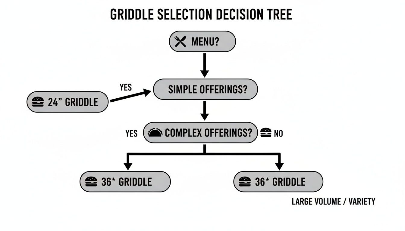 Decision tree diagram for selecting a griddle size based on menu offerings and volume.