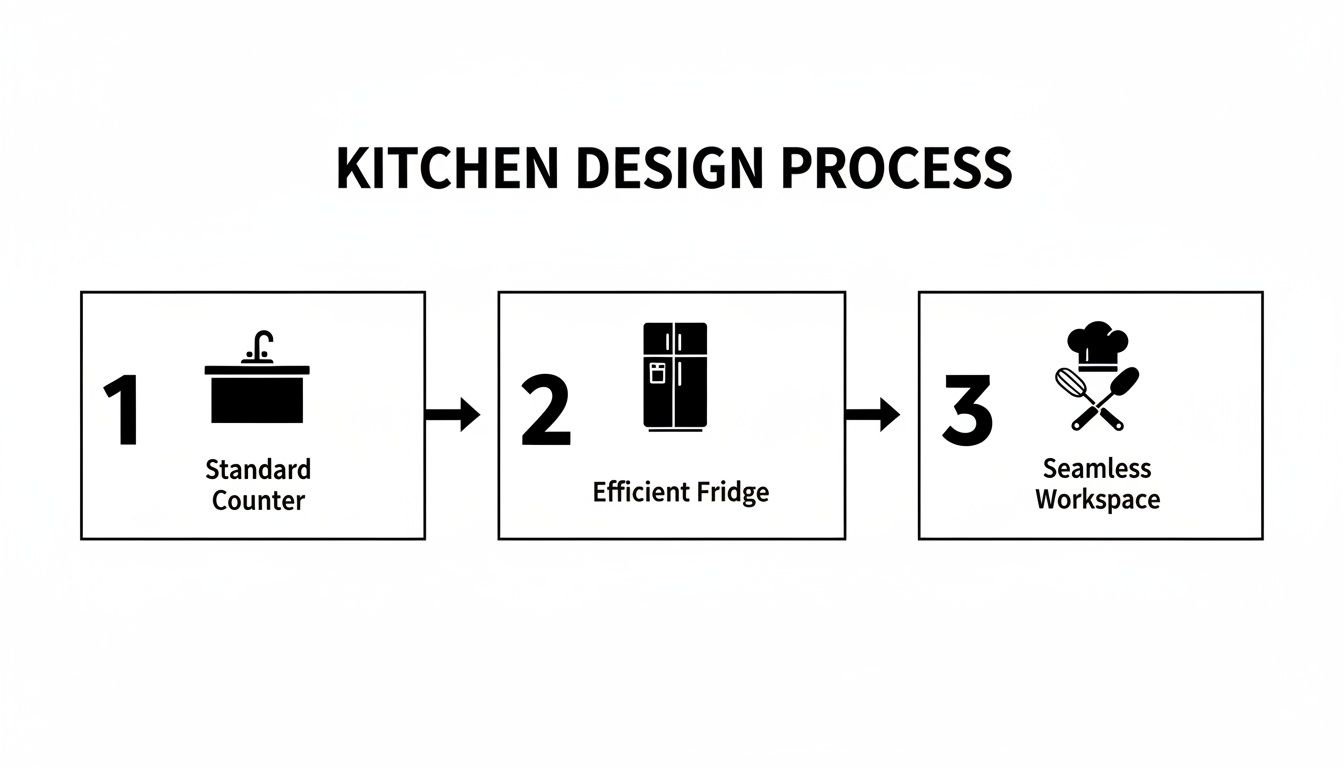 Visual representation of a kitchen design process with steps for counter, fridge, and workspace.