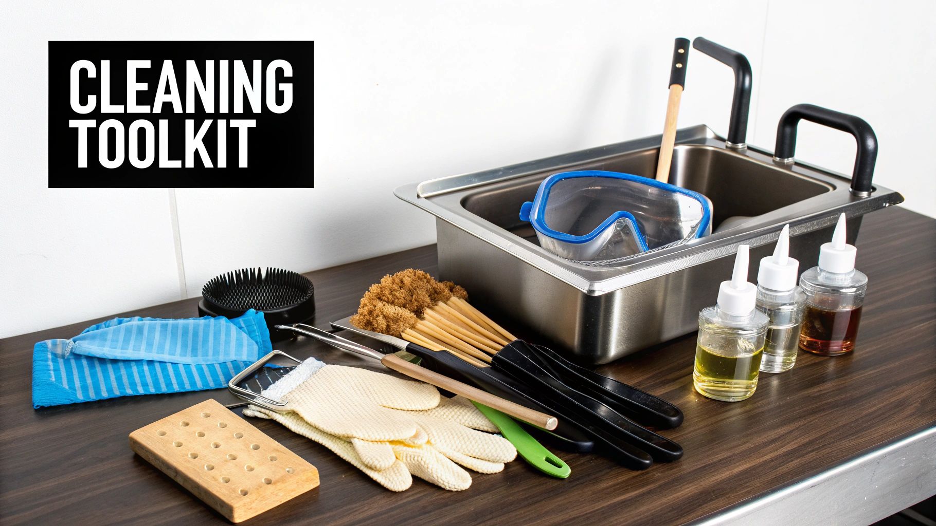 A comprehensive cleaning toolkit laid out on a wooden counter, featuring various brushes, gloves, and a sink.