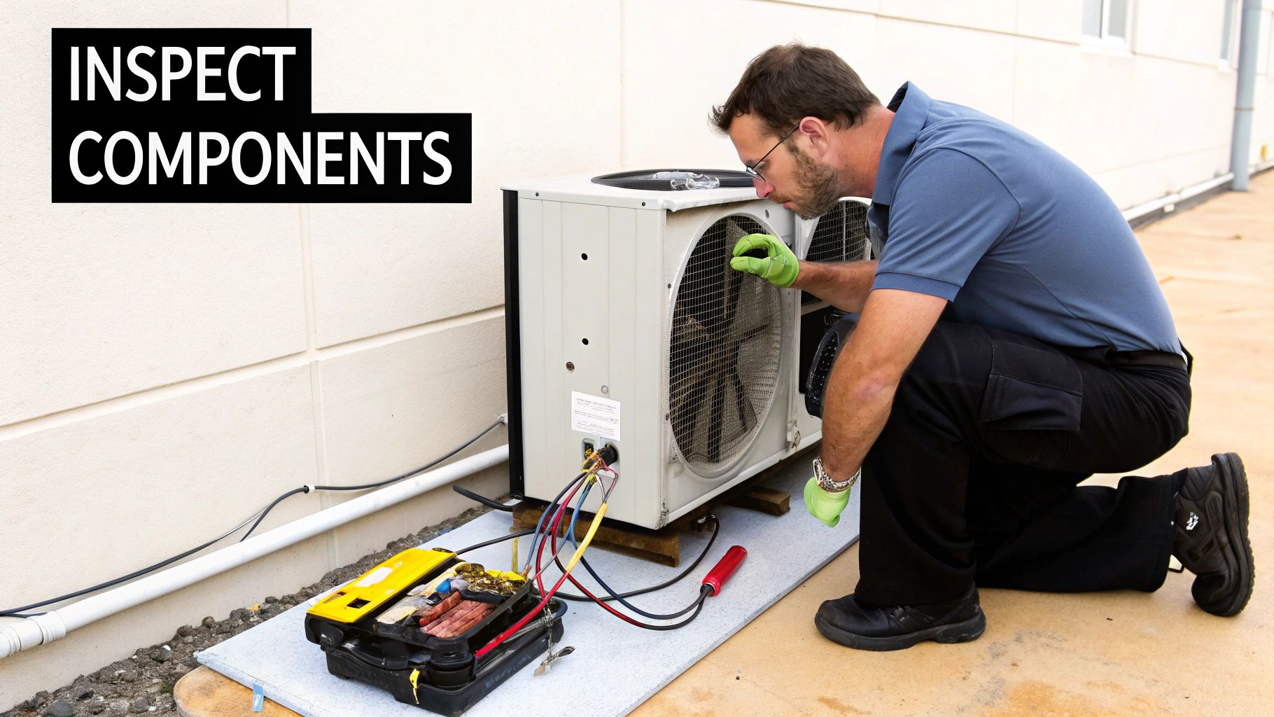 HVAC technician inspecting an outdoor unit's components with tools nearby.
