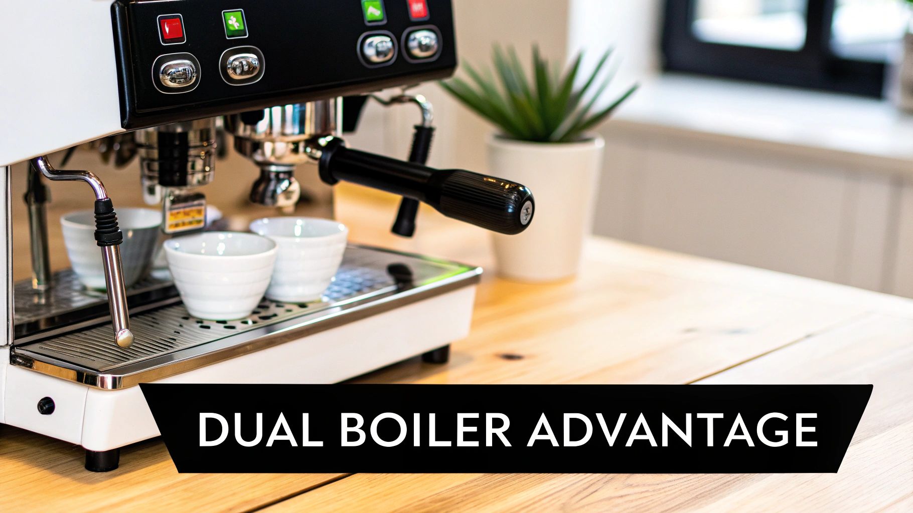 White espresso machine with black controls, steaming wand, and small cups on a wooden counter, with 'Dual Boiler Advantage' text.