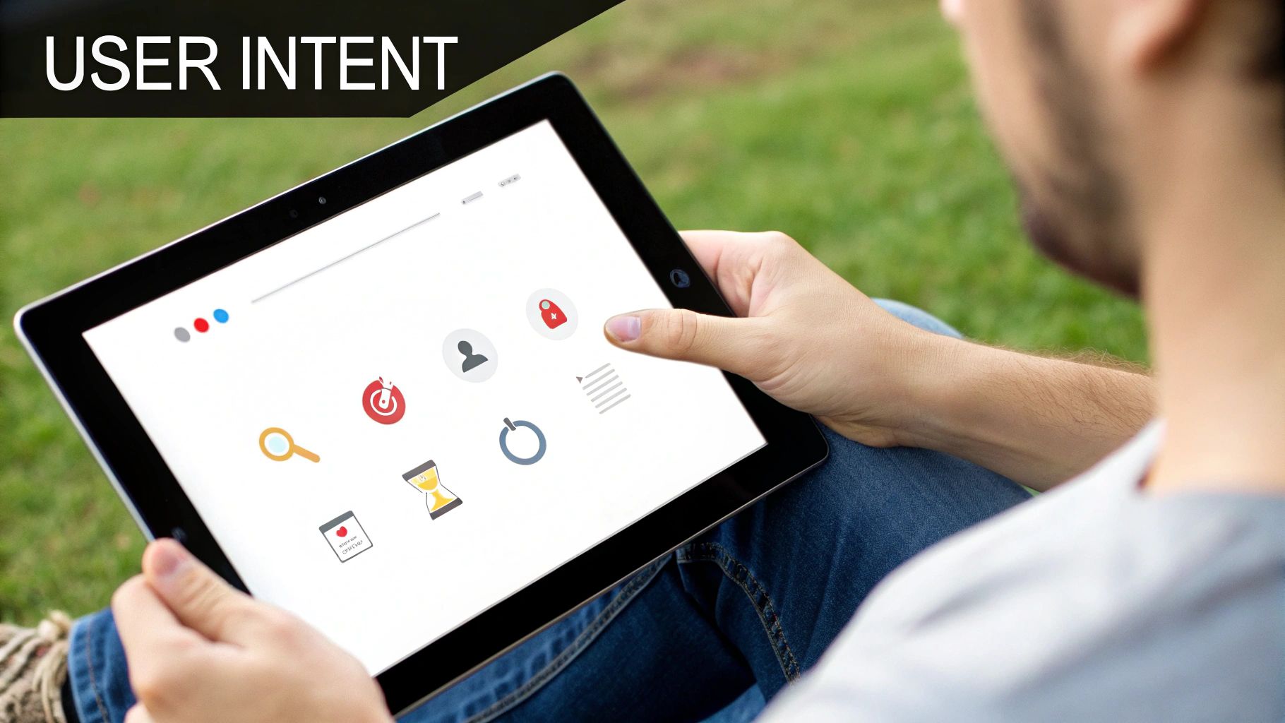 A person holds a tablet displaying various icons and 'USER INTENT' text outdoors.