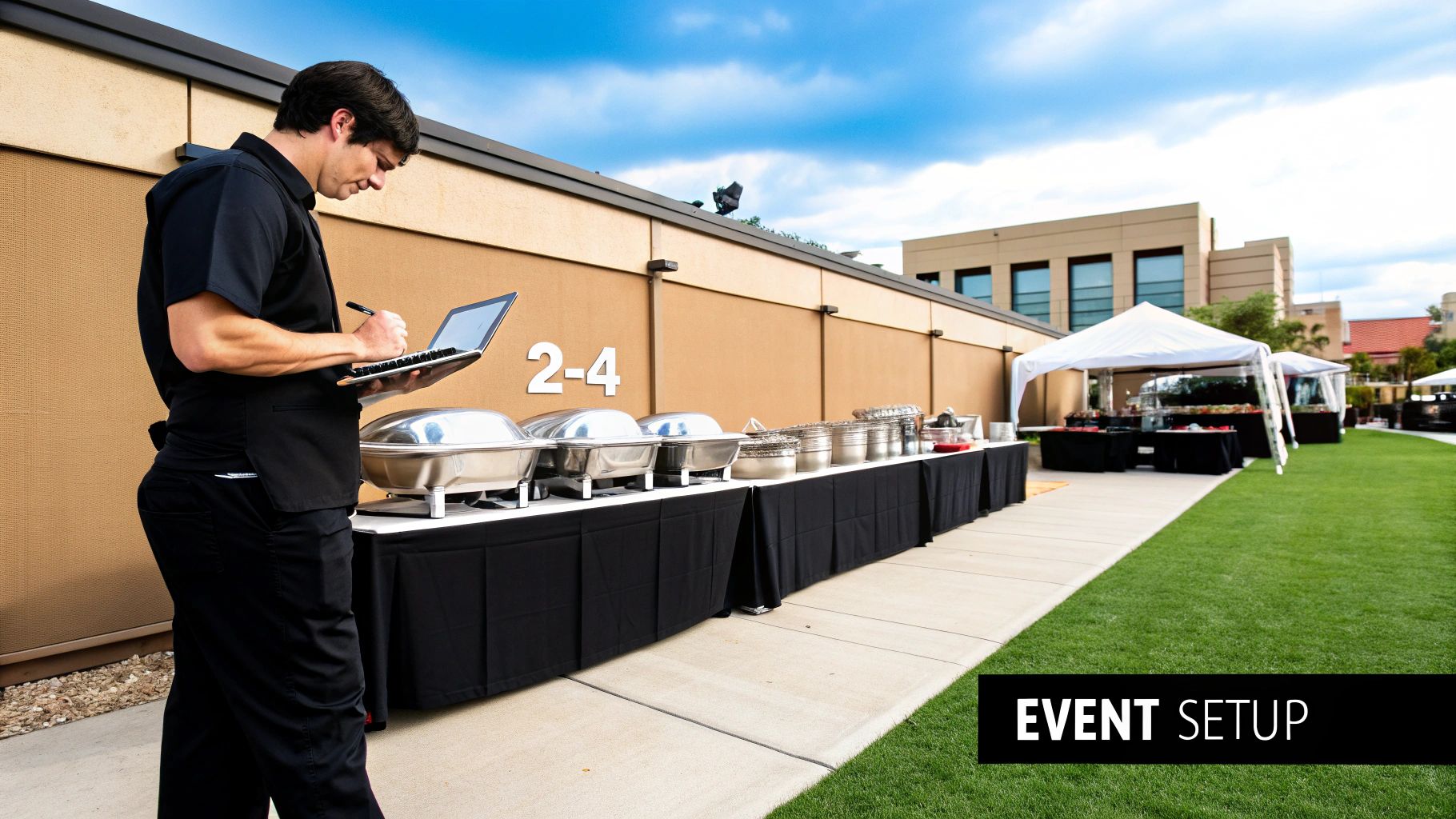 An event staff member reviews a checklist on a laptop next to buffet tables and tents for an outdoor catering setup.