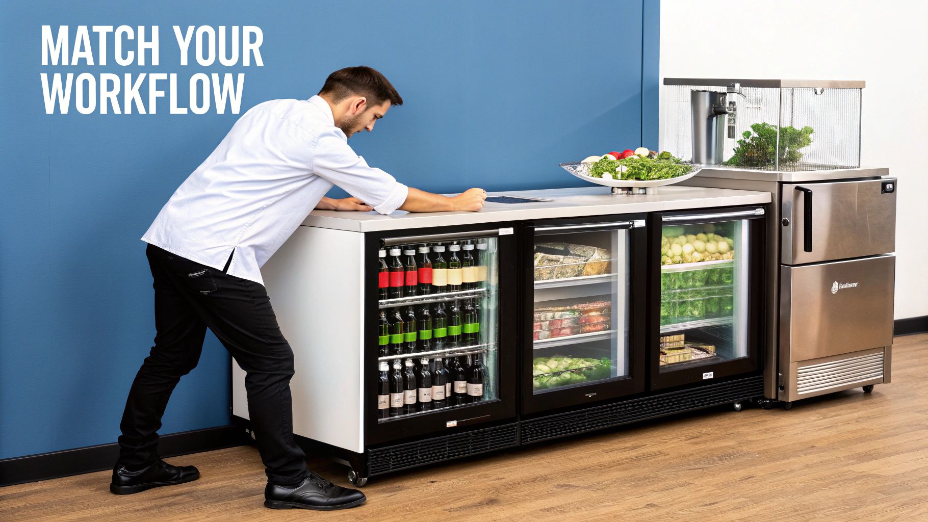 A man leans on a counter with various under-counter refrigerators displaying food and drinks.