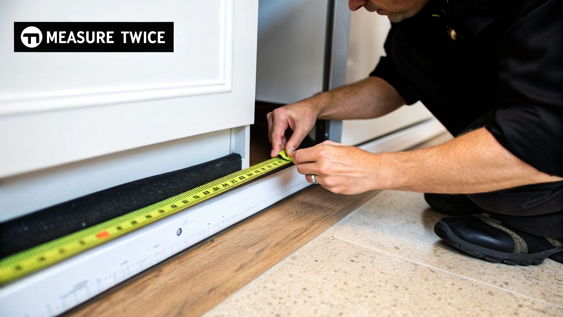 A person carefully measures the space under a white counter with a yellow tape measure.