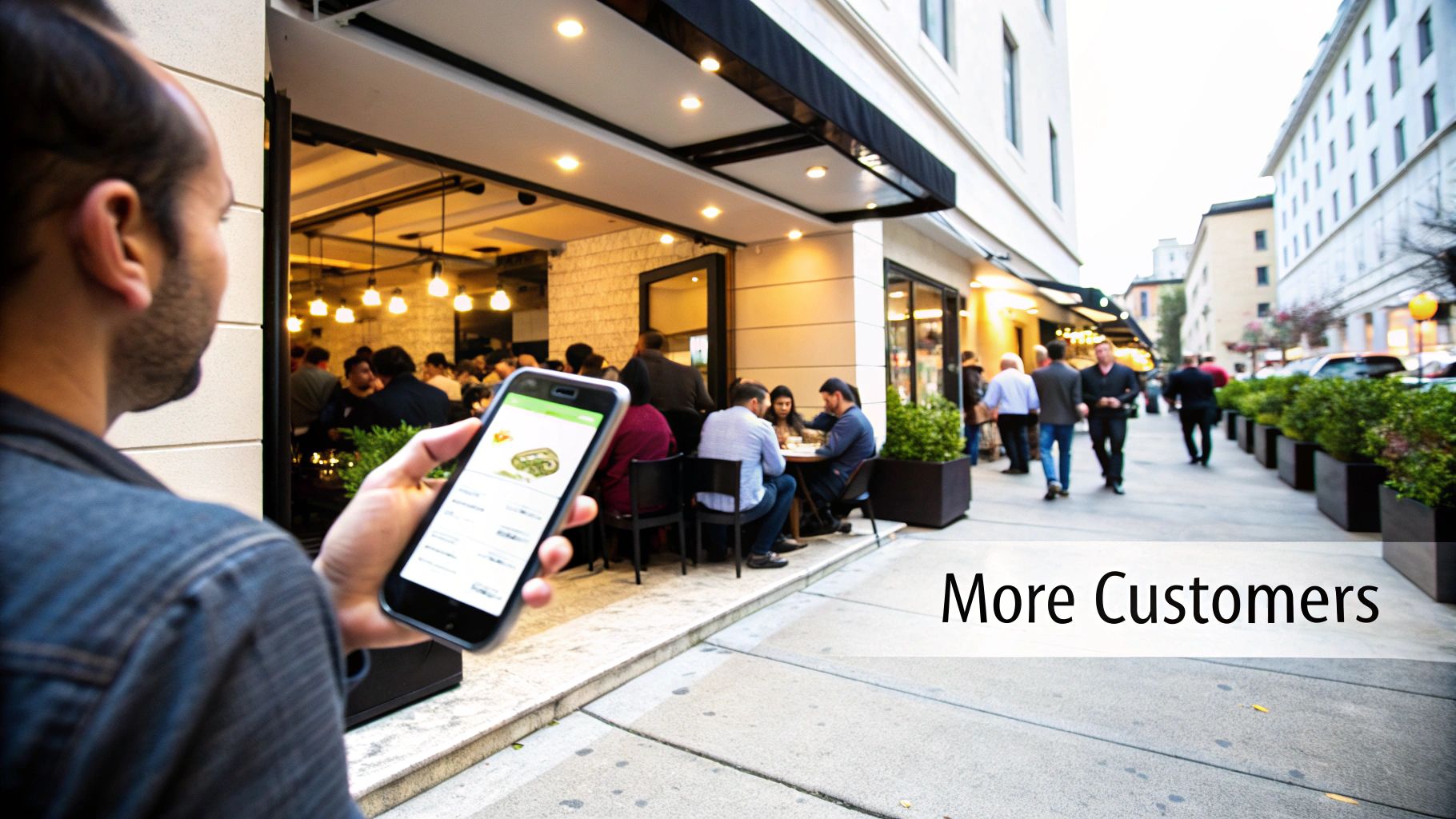 A person views a mobile app, likely for local businesses, with a restaurant and customers in the background.