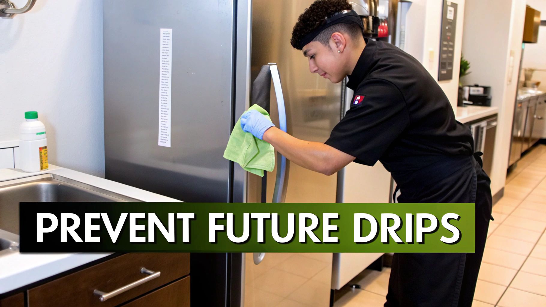A young person in chef uniform and gloves cleans a stainless steel refrigerator with a green cloth.