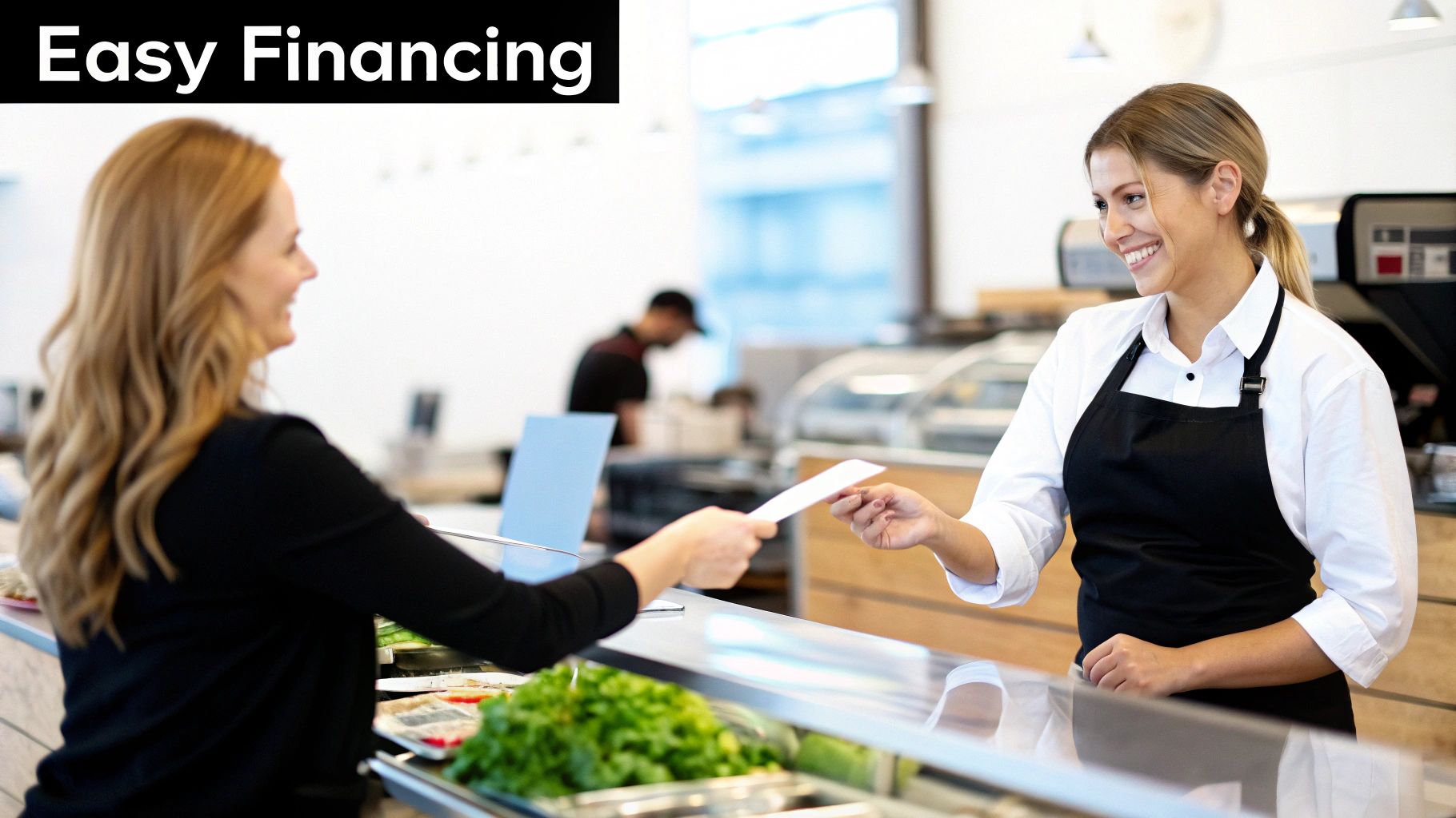 Smiling customer making a payment transaction with a cashier at a restaurant, with 'Easy Financing' text.