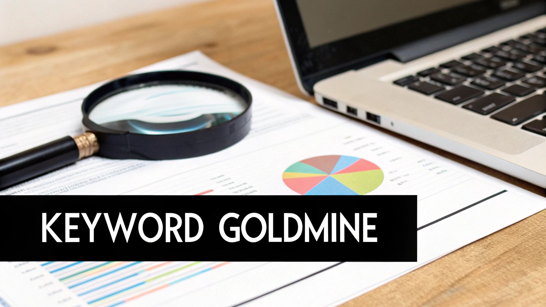 A magnifying glass on a document with a pie chart, a laptop, and the text 'KEYWORD GOLDMINE' for SEO research.