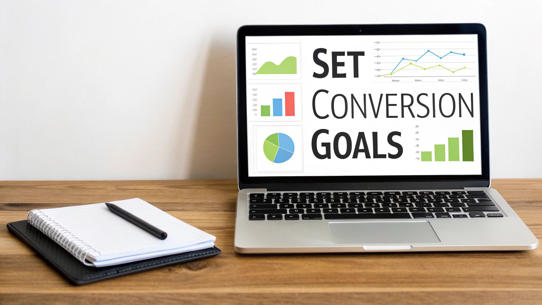 Laptop displaying 'SET CONVERSION GOALS' and various analytics charts on a wooden desk next to a notebook.