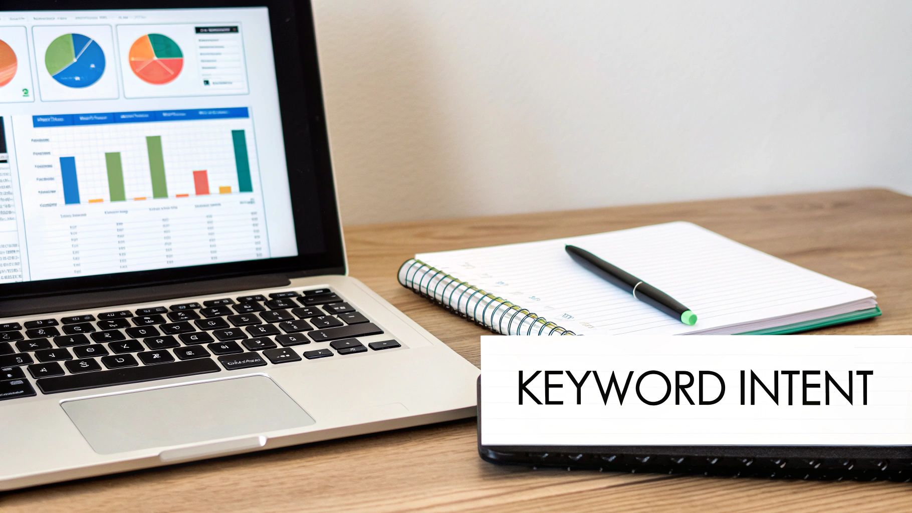 A laptop displaying SEO charts and graphs next to a notebook, pen, and 'KEYWORD INTENT' card.