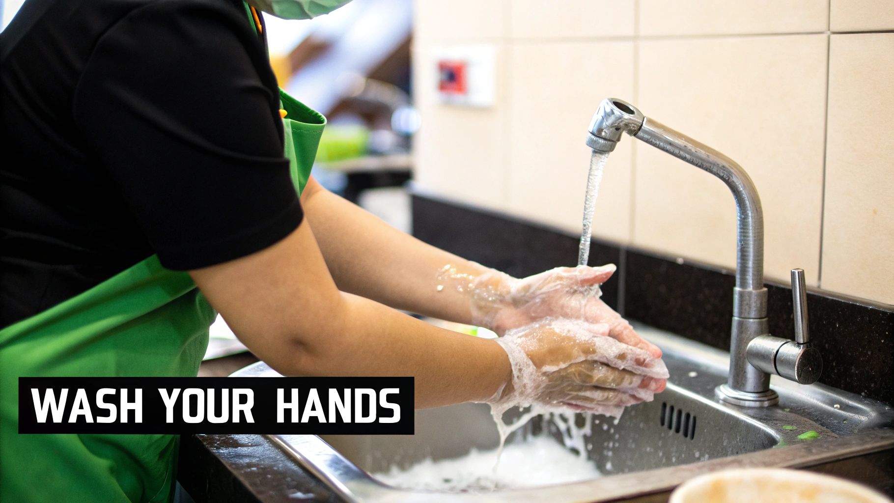 An infographic outlining key steps for proper handwashing and personal hygiene in a restaurant kitchen.