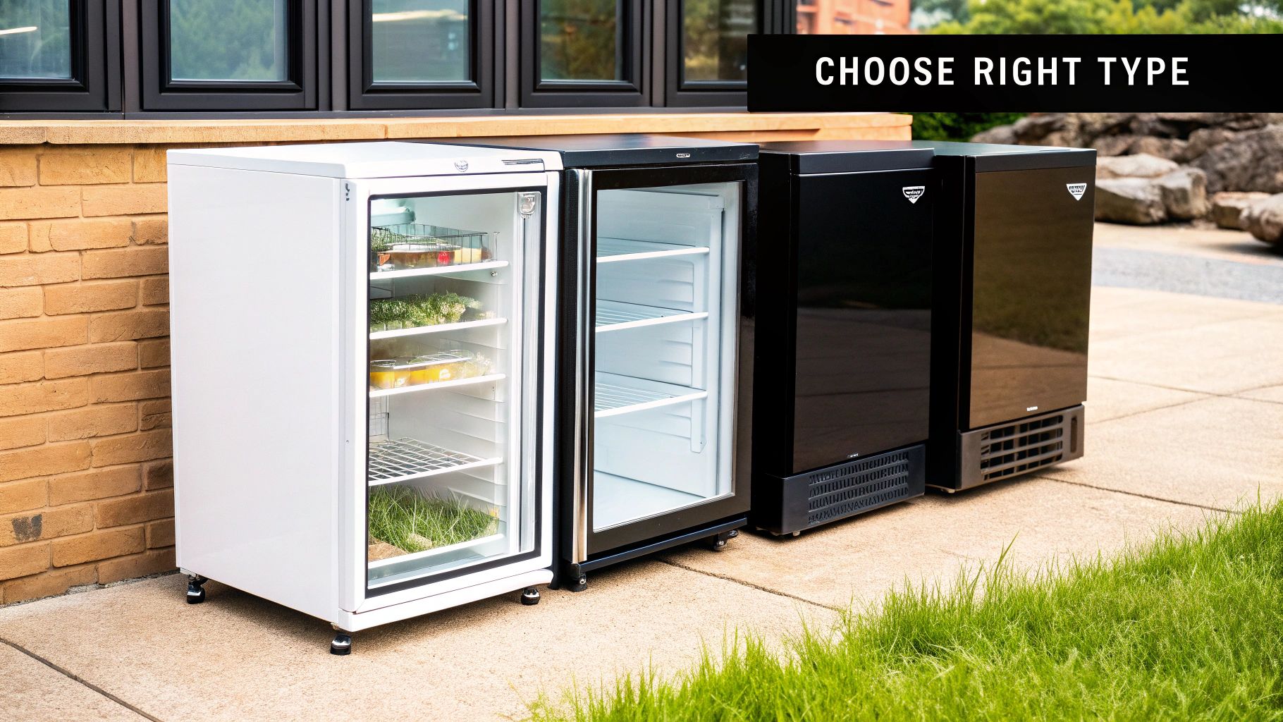Four undercounter refrigerators, in white and black, with glass and solid doors, displayed outdoors.