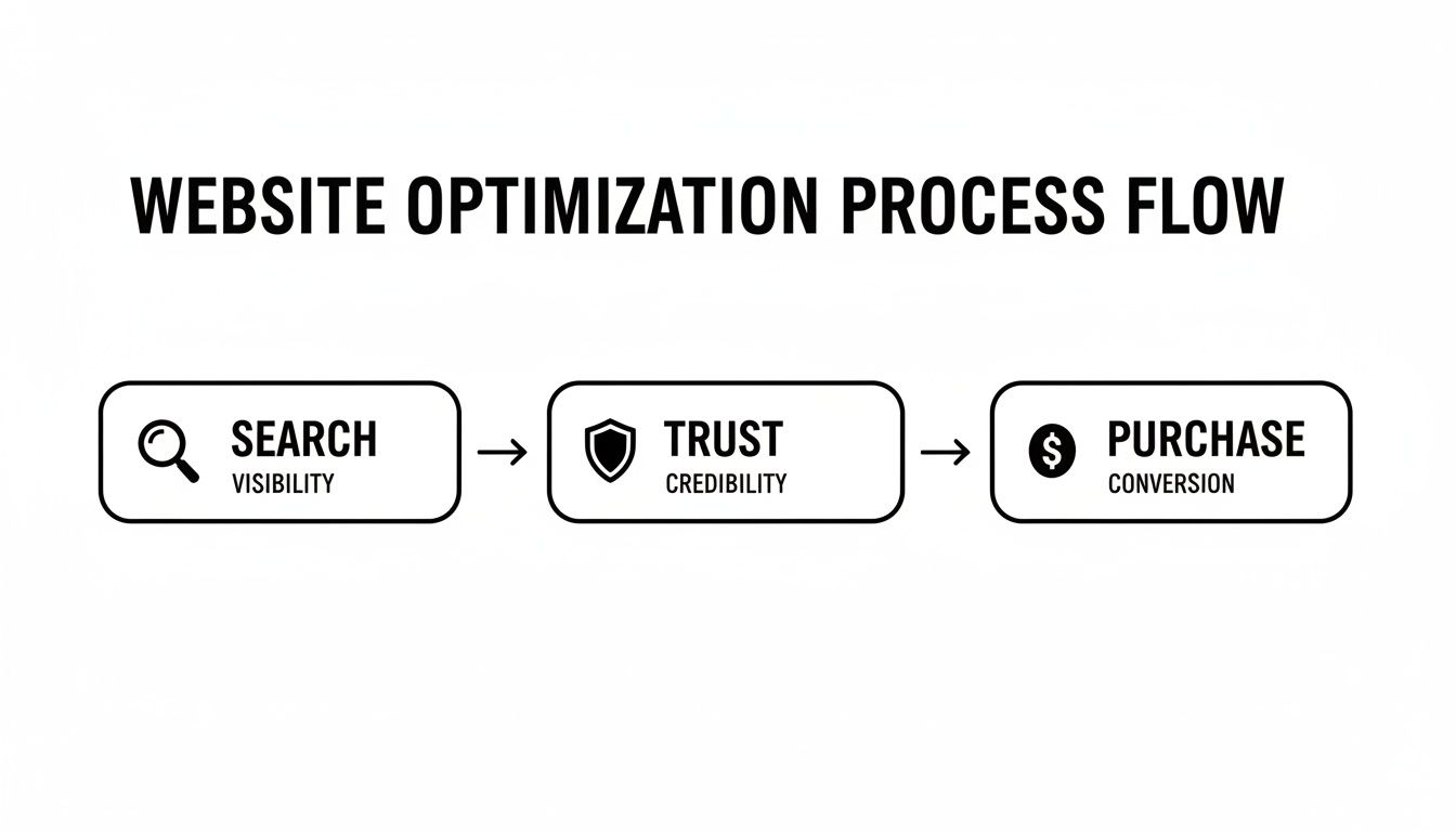 A website optimization process flow diagram showing steps: Search (Visibility), Trust (Credibility), and Purchase (Conversion).