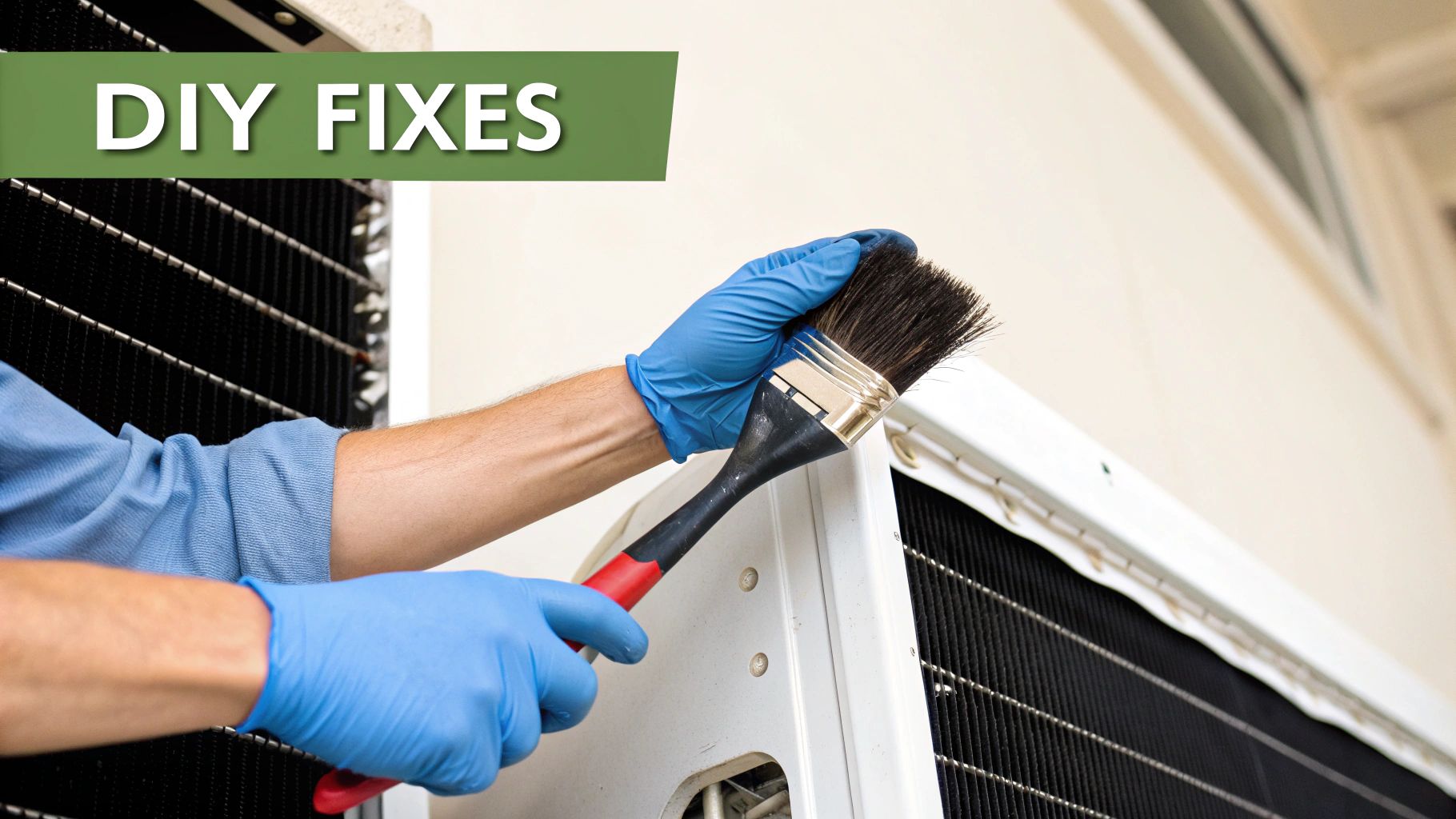 A person in blue gloves cleaning a large appliance's coil with a paintbrush, text overlay 'DIY FIXES'.