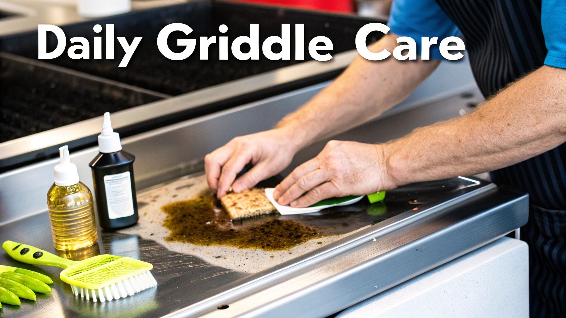 Person cleaning a commercial griddle surface in a kitchen