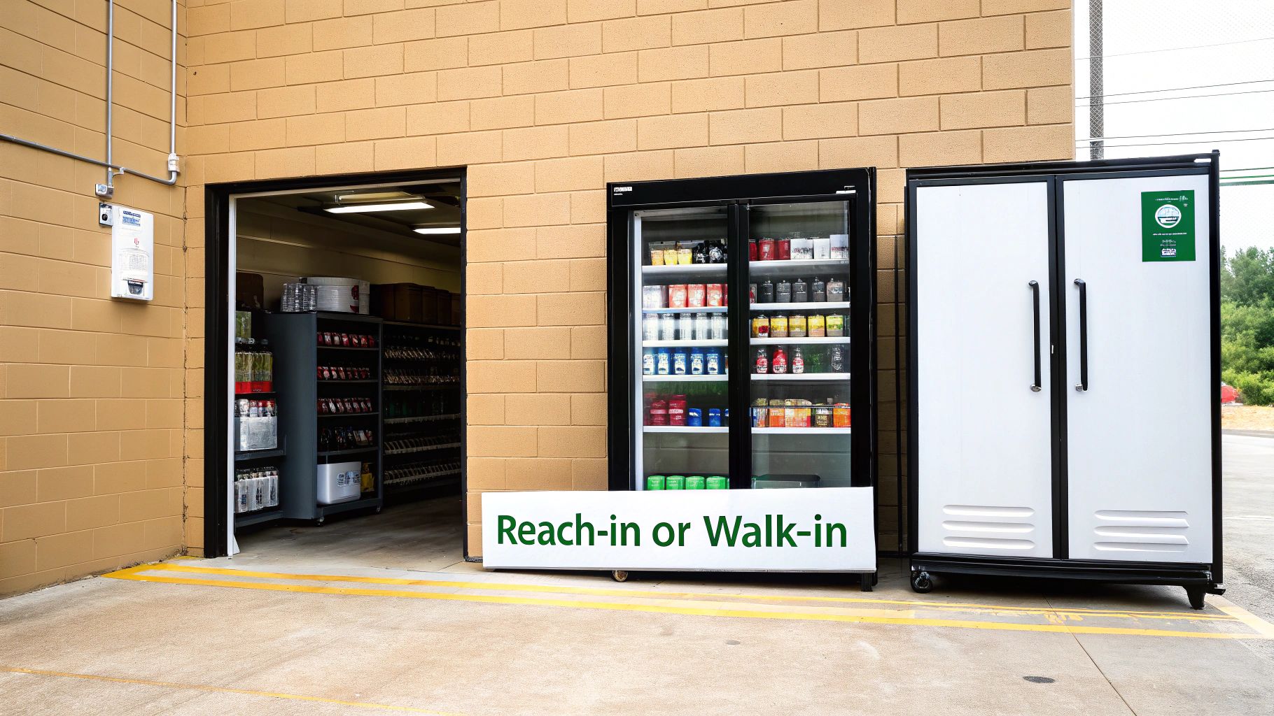 Variety of commercial refrigeration units including walk-in, reach-in, and display models next to a brick wall.