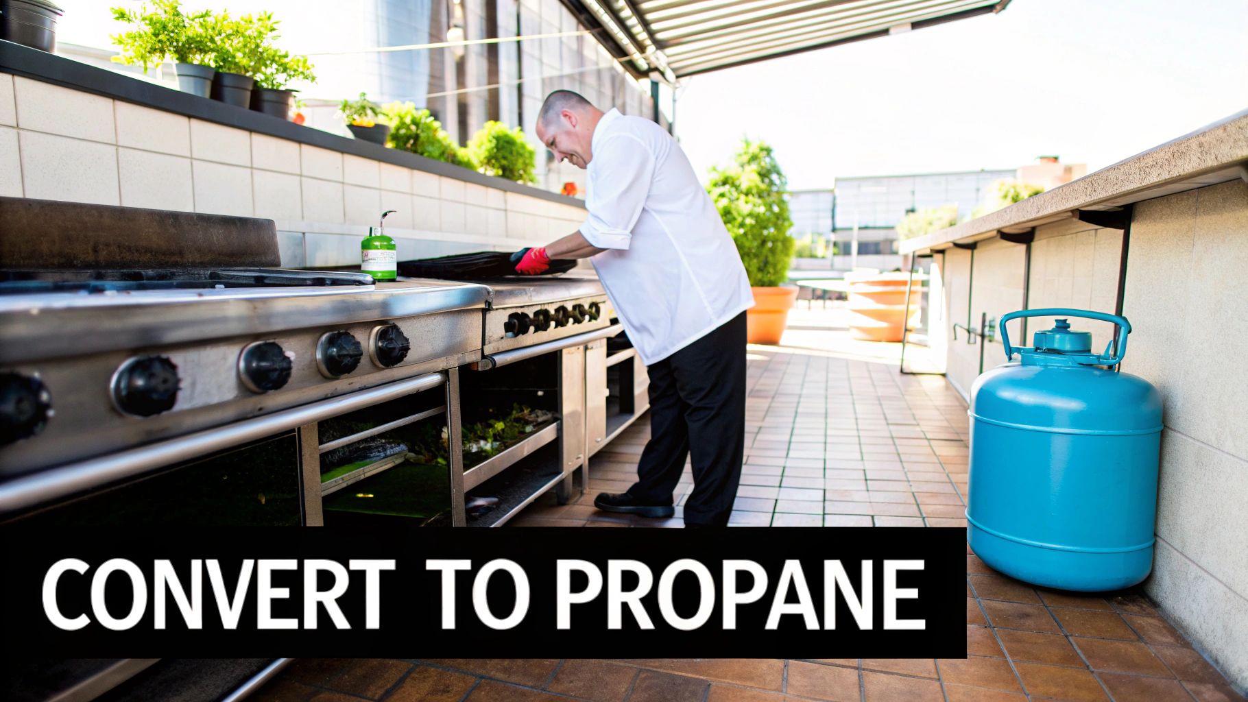 A chef works on an outdoor commercial kitchen range, with a large blue propane tank nearby, suggesting gas conversion.