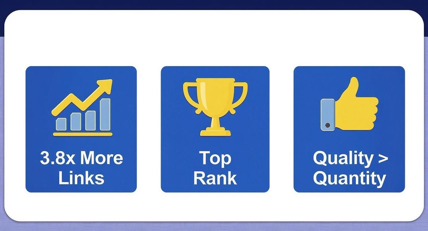 Infographic showing that top-ranking pages have 3.8x more links, that quality is more important than quantity, and that backlinks lead to top rankings.