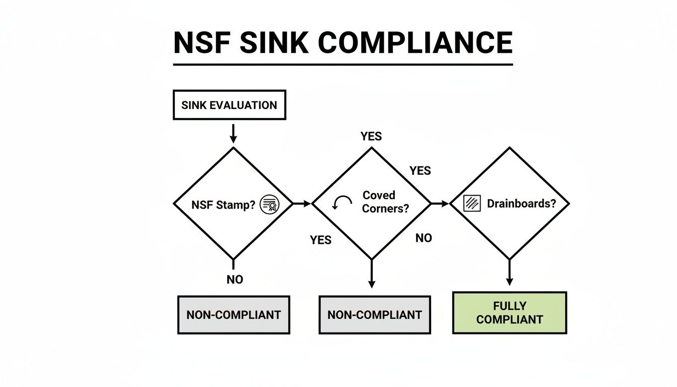 Flowchart illustrating the NSF sink compliance evaluation process, checking for NSF stamp, coved corners, and drainboards.