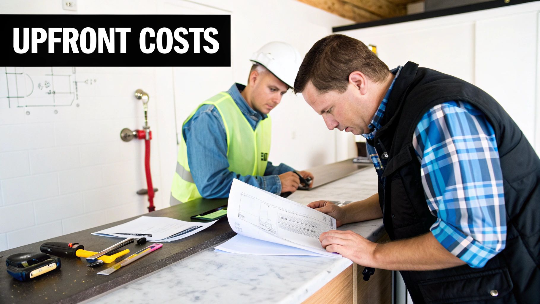 Two men, one in a hard hat, reviewing documents on a counter, discussing upfront costs.
