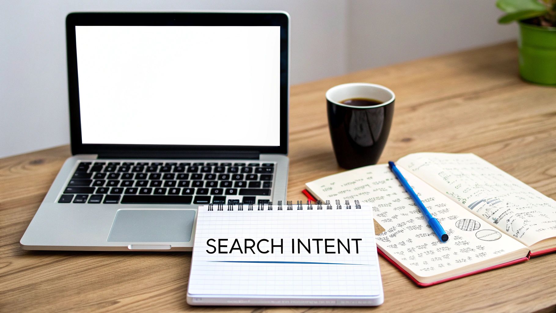 A desk with a laptop, coffee, and two notebooks, one displaying 'SEARCH INTENT' for SEO.