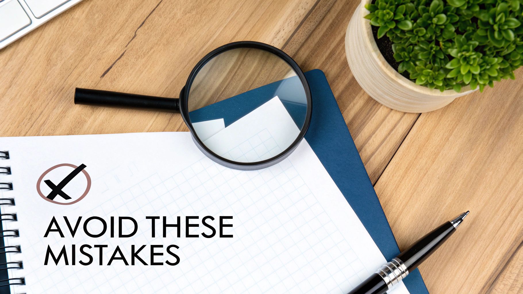 A person looking thoughtfully at a computer screen with a 'warning' or 'error' icon overlayed on the data, symbolizing SEO mistakes.