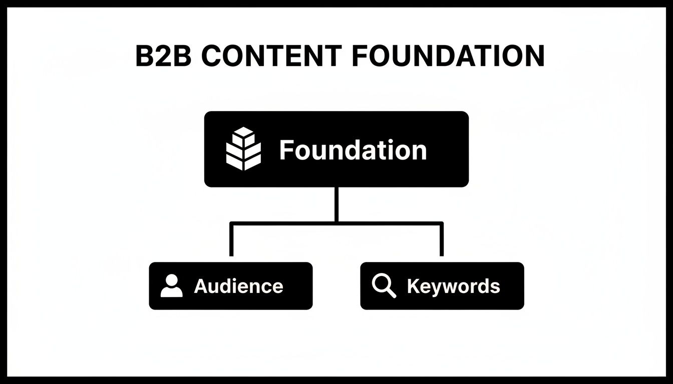 Flowchart illustrating B2B content foundation, highlighting audience and keywords as key elements.