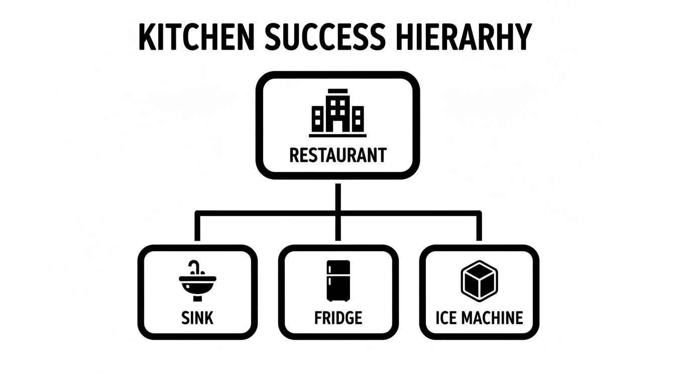 Hierarchy diagram showing a restaurant's success relies on a sink, fridge, and ice machine.