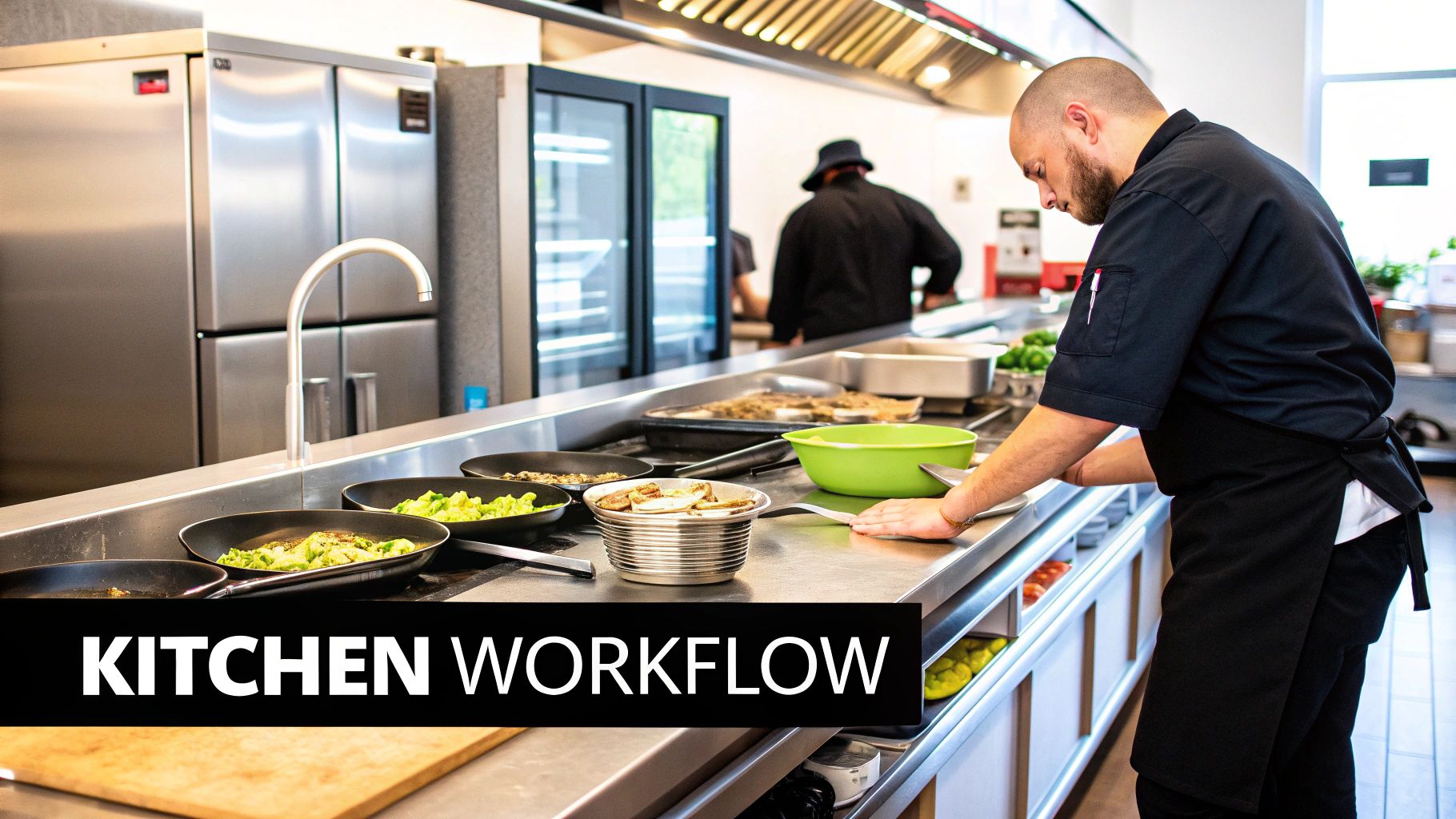 A chef prepares food on a stainless steel counter in a professional kitchen with various dishes.