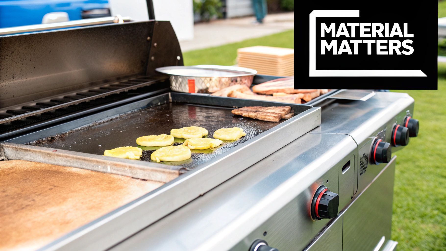 A close-up of different commercial griddle plate materials, highlighting steel and chrome finishes.