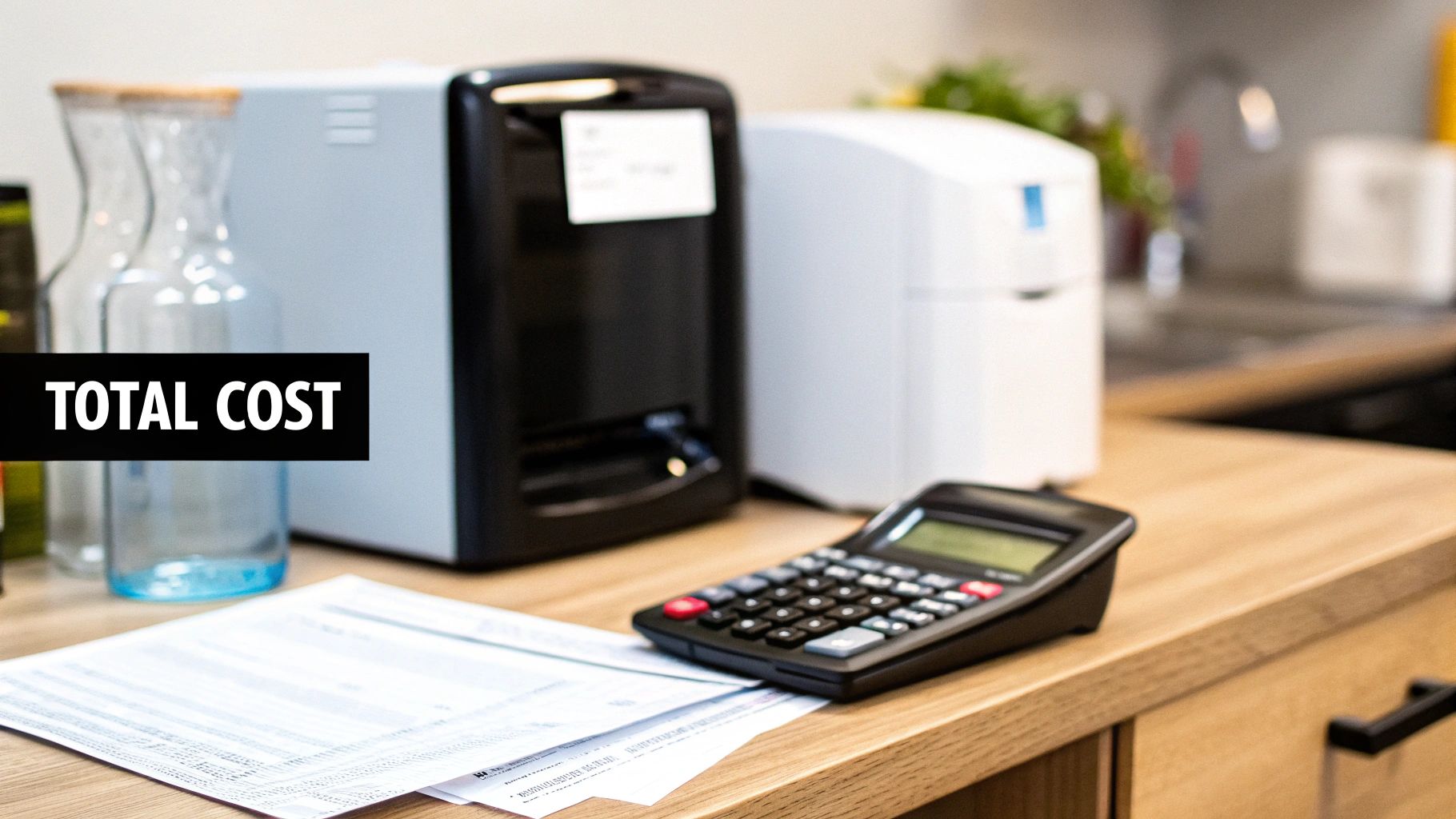 A calculator, papers, and water dispensing machines on a wooden counter, with a 'TOTAL COST' banner.