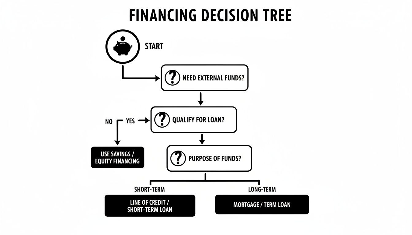 A financing decision tree flowchart guides through external funds, loan qualification, and fund purpose.