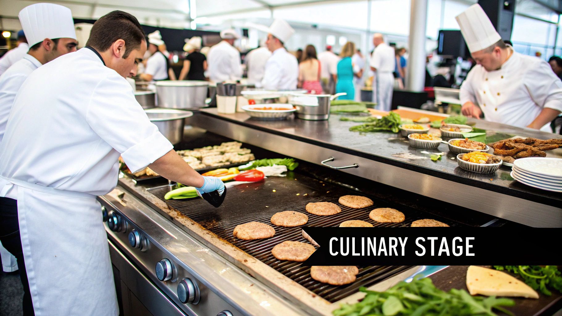 A chef cooking various foods on a large commercial griddle in a professional kitchen.