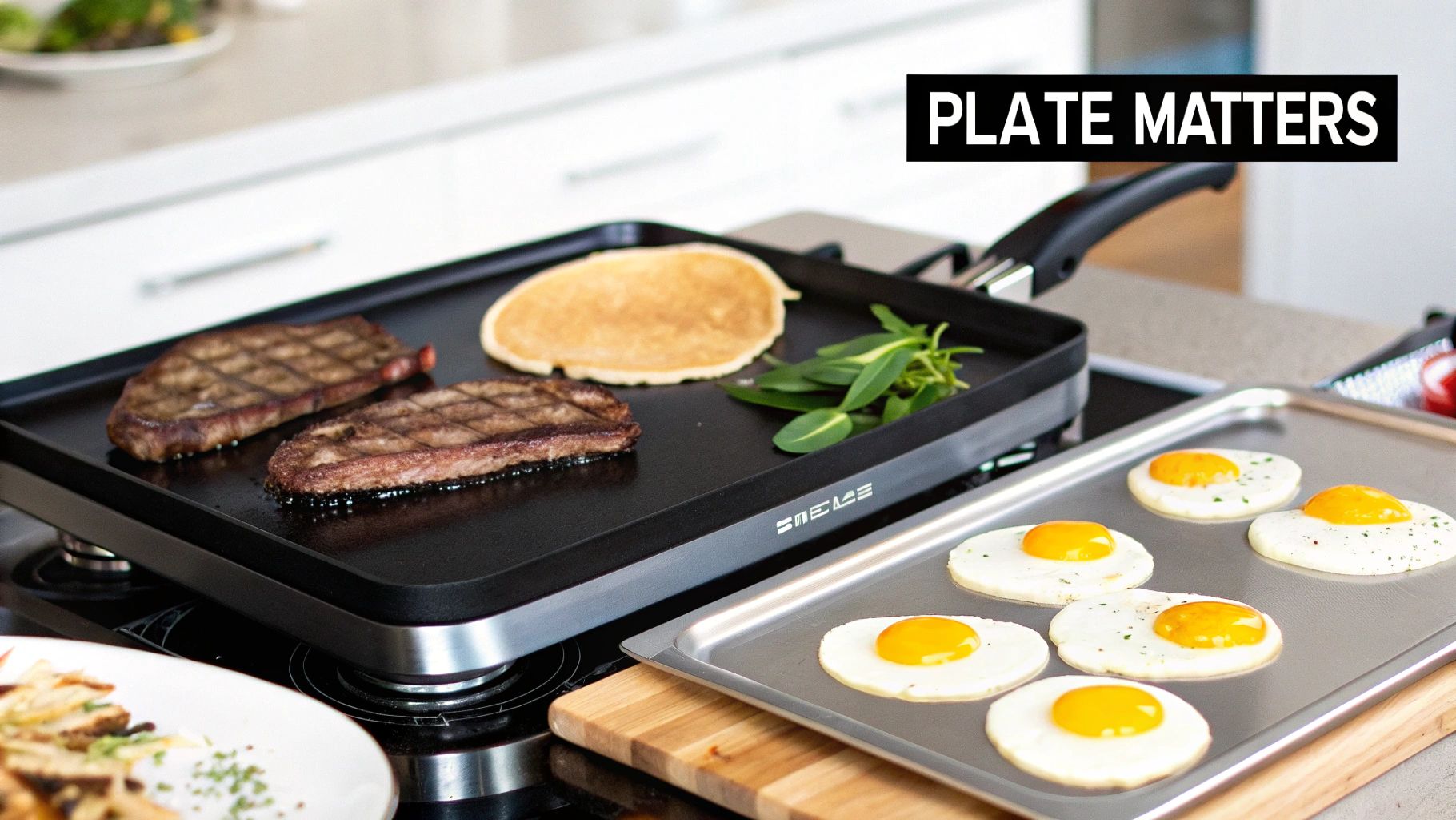 A close-up of a thick, seasoned steel griddle plate ready for cooking.