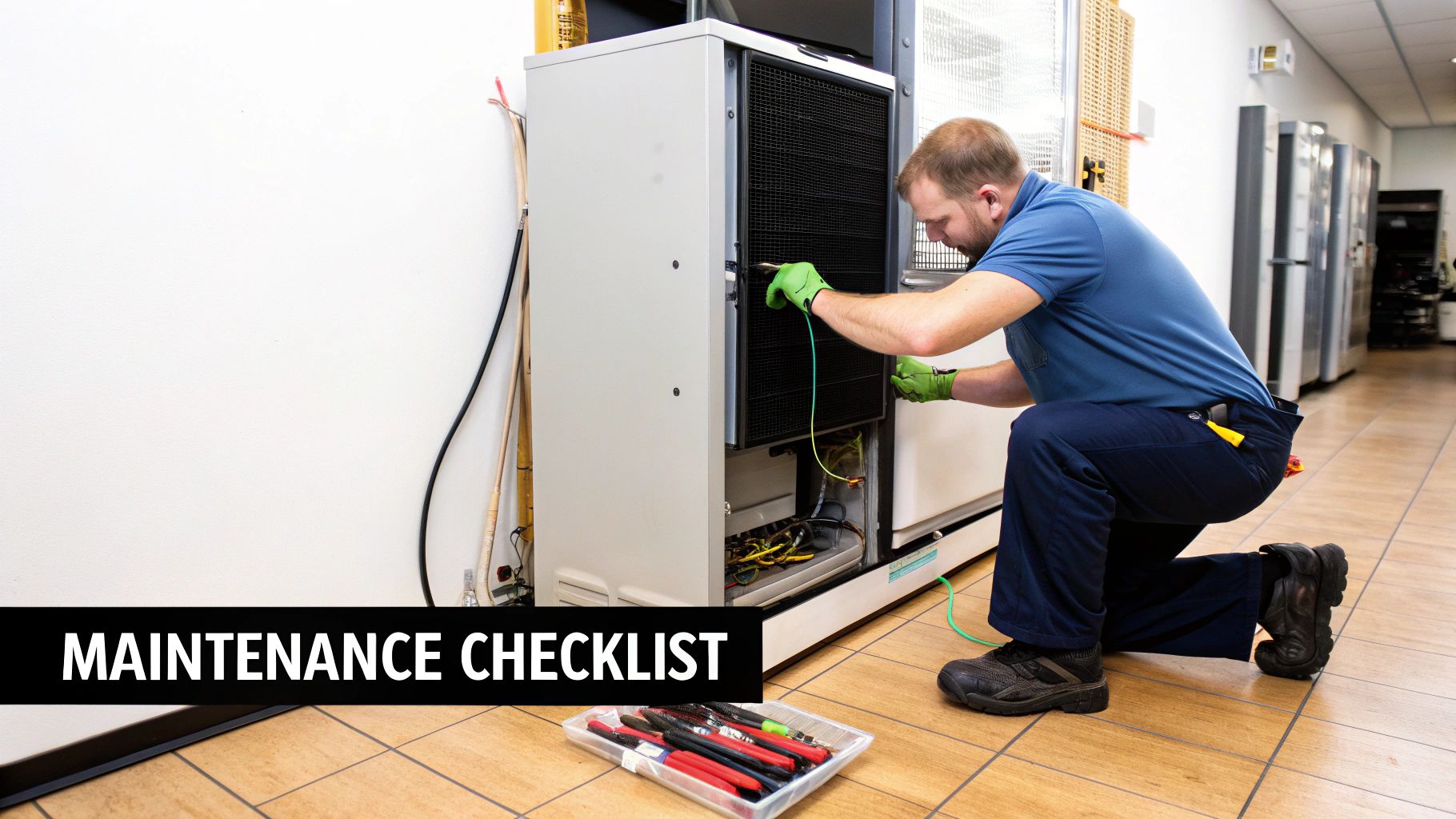 A technician in green gloves kneels, performing maintenance on a large commercial refrigeration unit.