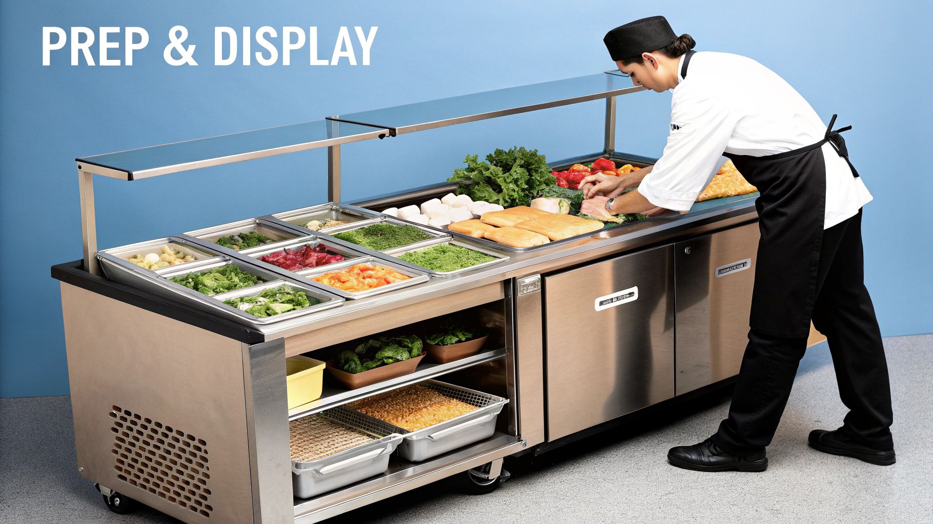 A chef prepares fresh ingredients on a refrigerated commercial food prep and display counter with glass sneeze guard.