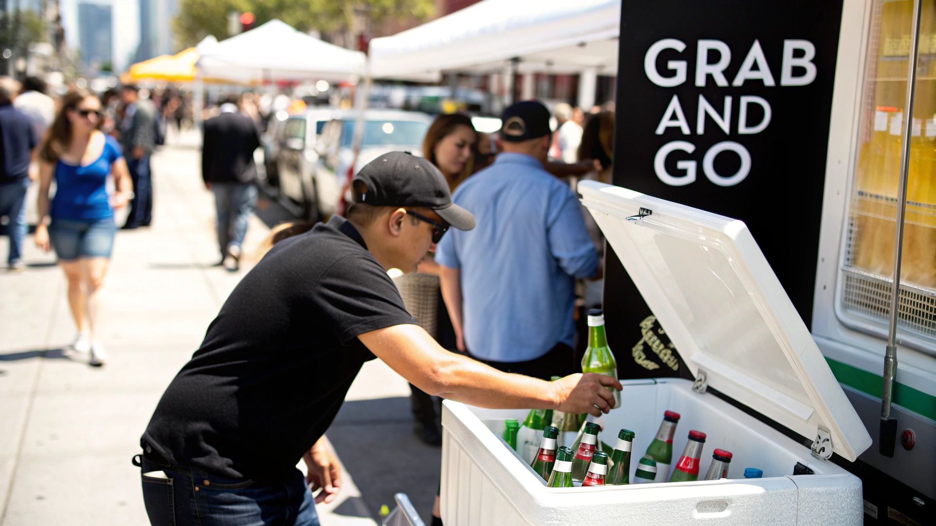 A man reaches into an open cooler filled with beverages at an outdoor 'GRAB AND GO' stand.