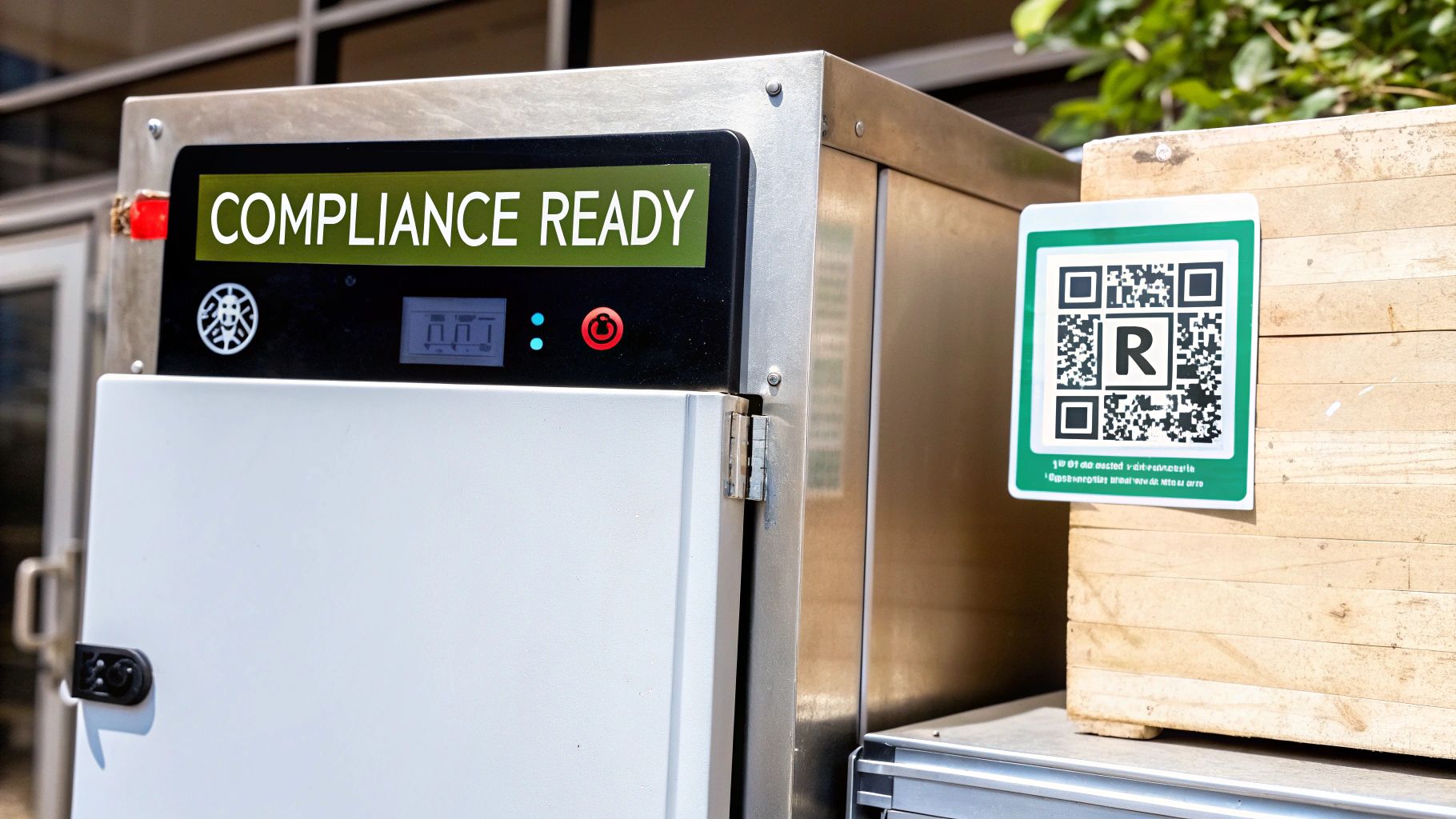 A restaurant manager reviewing a food safety checklist on a tablet in a commercial kitchen.