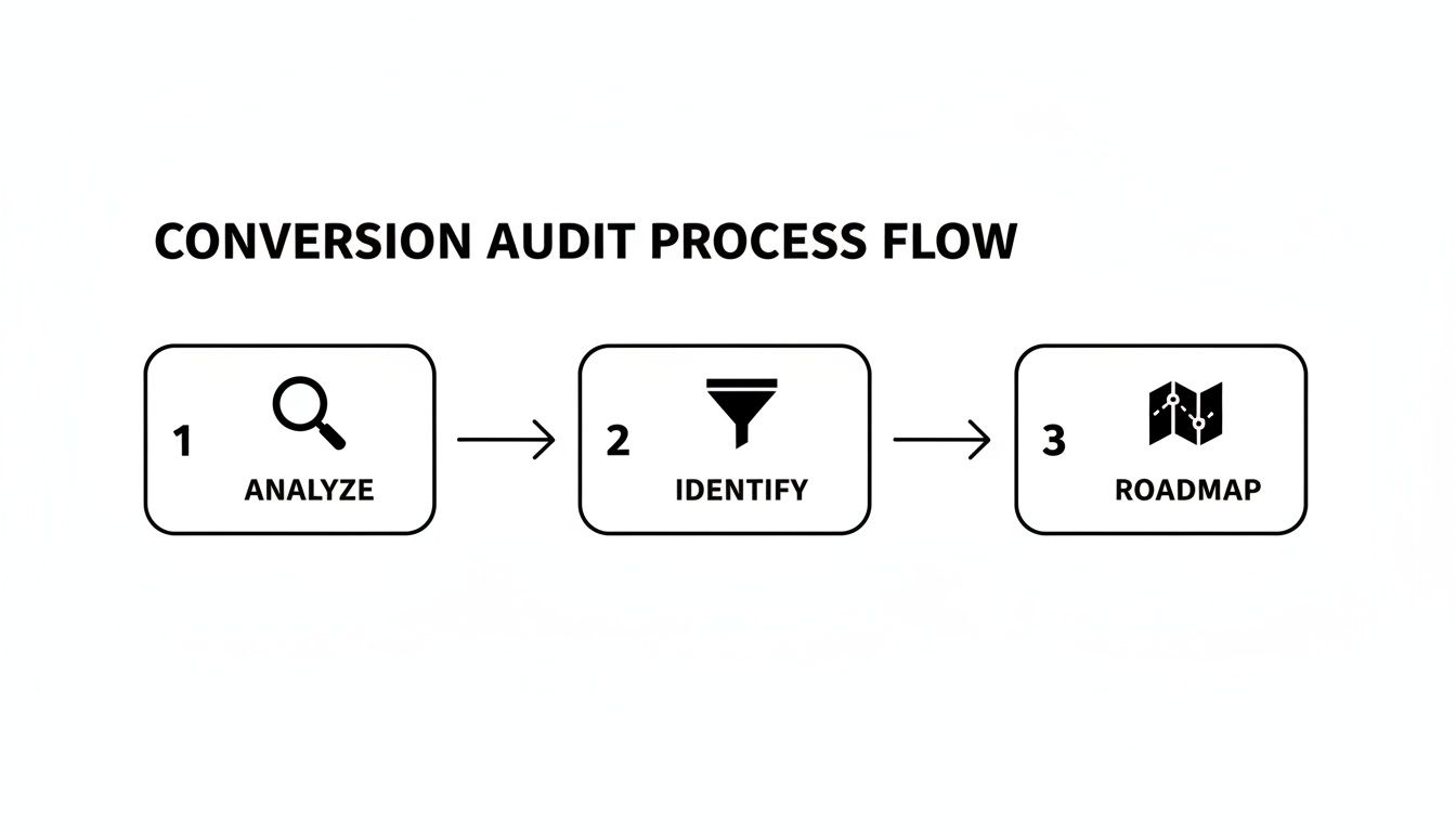 Conversion audit process flow illustrating three steps: analyze, identify, and roadmap with icons.