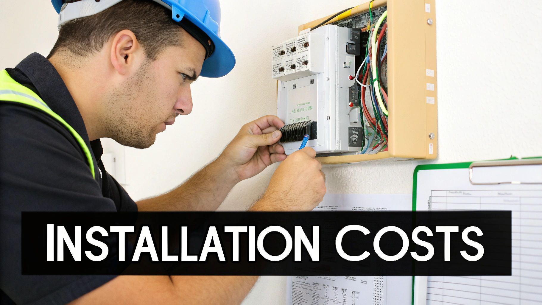 A male electrician in a blue hard hat working on an electrical panel with a tool, symbolizing installation.
