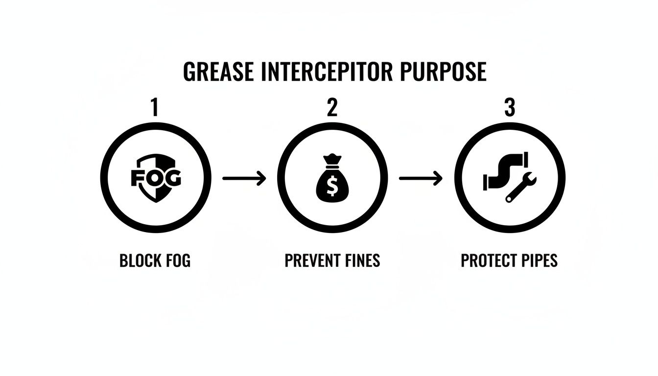 Diagram illustrating the three purposes of a grease interceptor: blocking FOG, preventing fines, and protecting pipes.